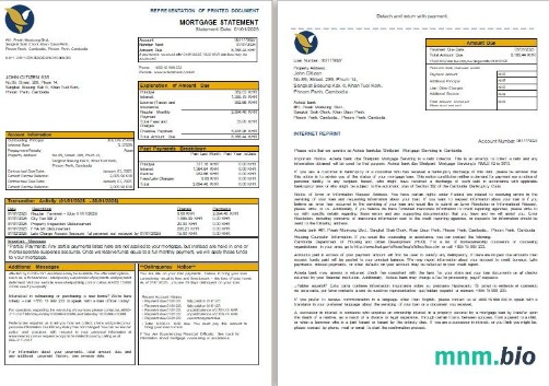 Kambodża Bank Acleda wyciąg z kredytu hipotecznego, 3 strony, 1-2
